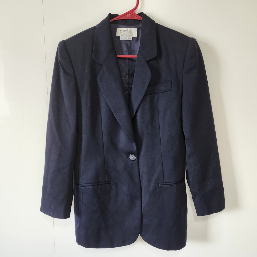 Petite Sophisticate Navy Single Button Blazer Womens Size 4 Career Lined Vintage - Picture 1 of 12